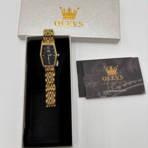 NEW OLEVS Gold Stainless Steel Watch • Black Dial • Crystal Accents • Quartz